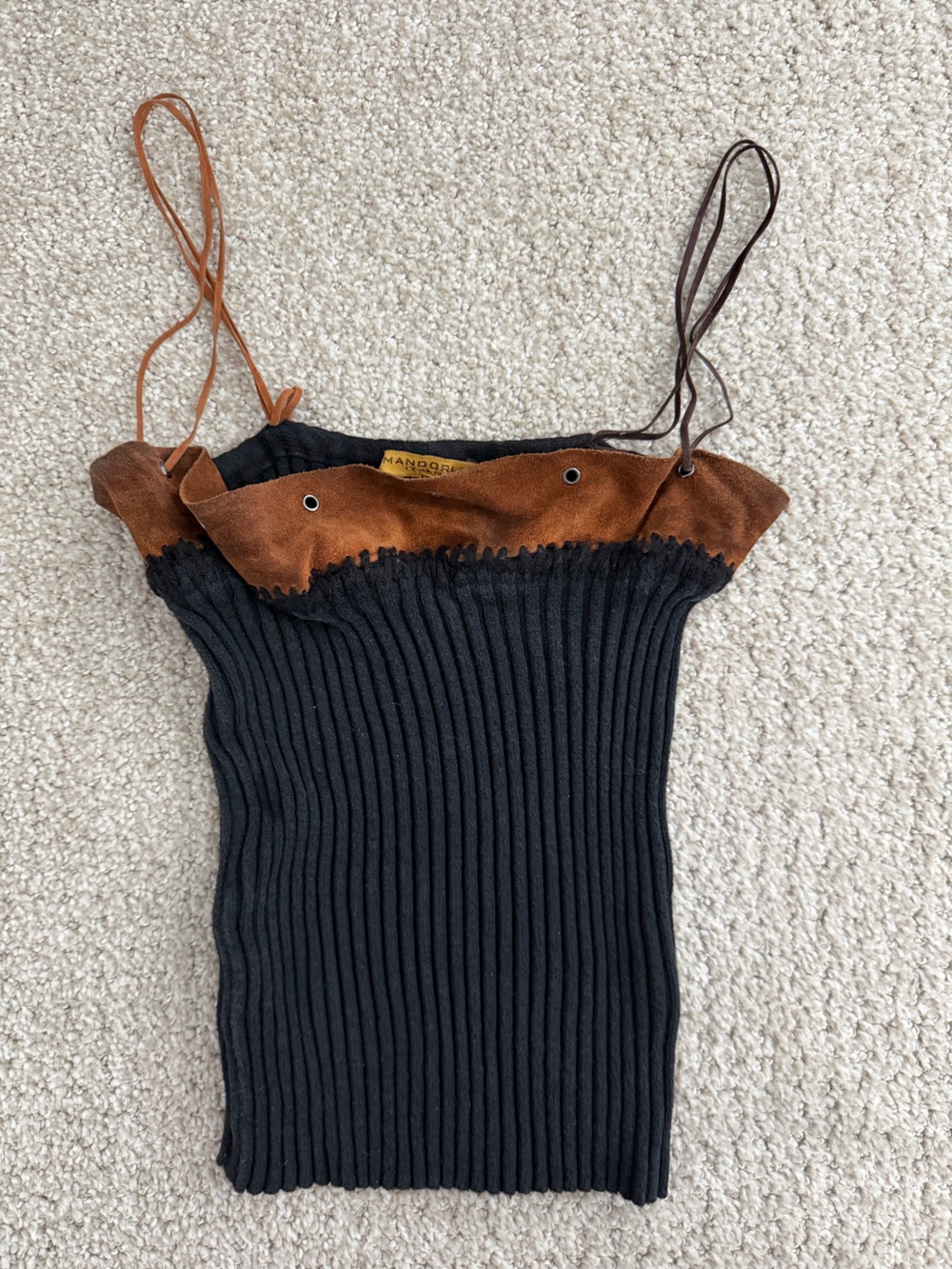 Vintage Black Ribbed Suede-Trim Tank Top